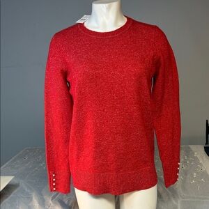 LOFT Red Crew Neck Sweater w faux pearl cuff detail .